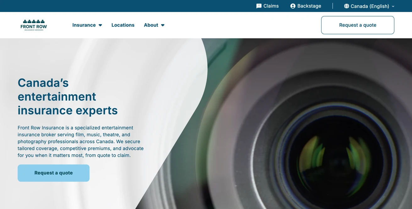 Screenshot of the Front Row Insurance site