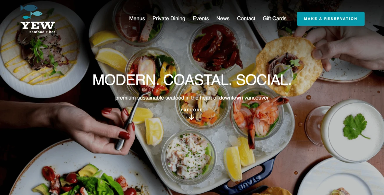 Screenshot of the YEW Seafood + Bar site