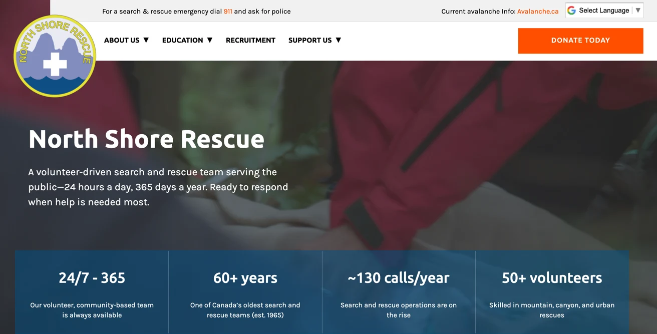 Screenshot of the North Shore Rescue site