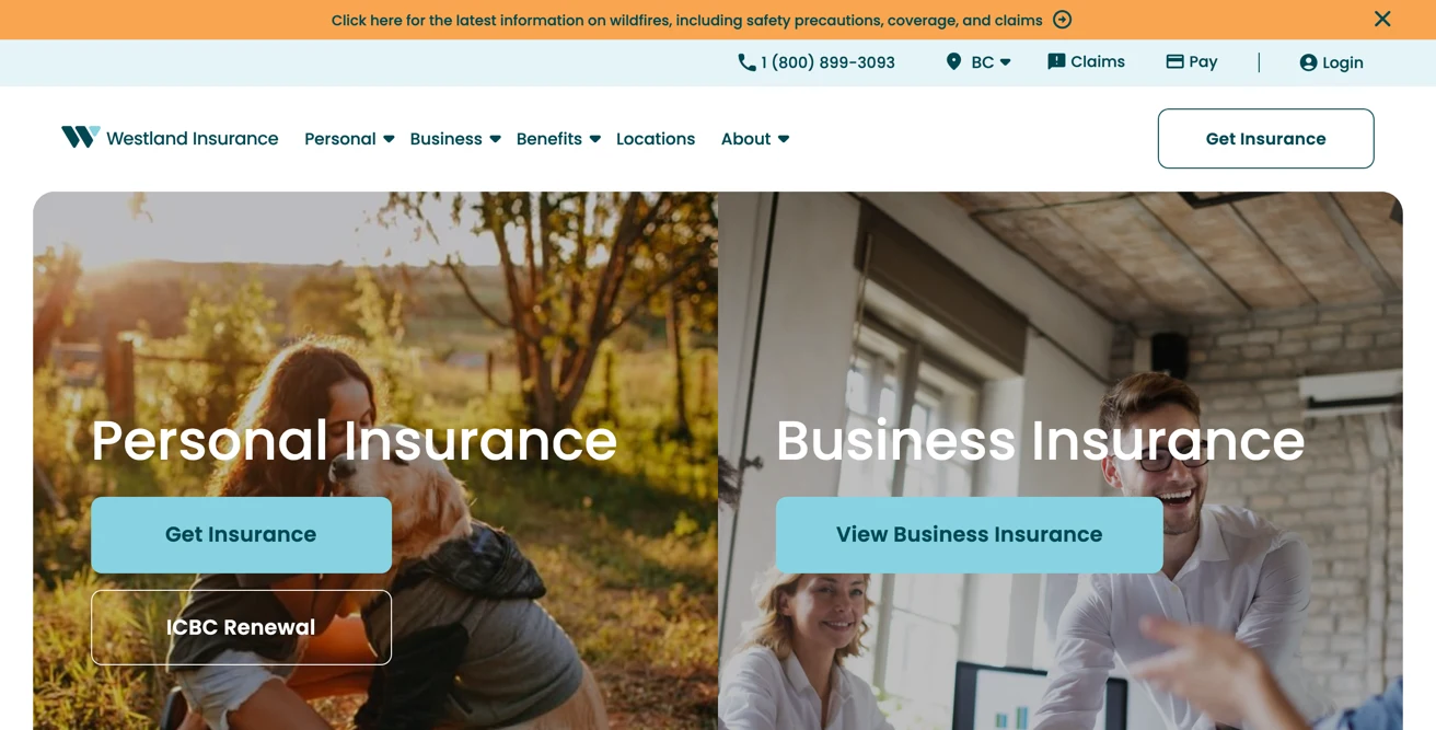 Screenshot of the Westland Insurance site