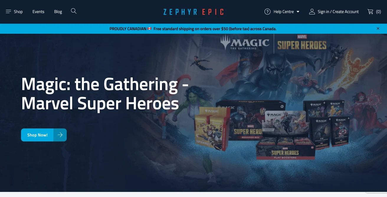 Screenshot of the Zephyr Epic site
